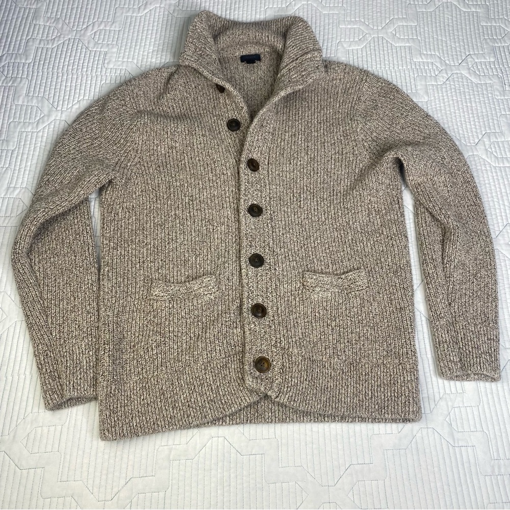 J. CREW Cardigan Mens Large Tan Brown High Neck Grandpa Academia Cotton G8958